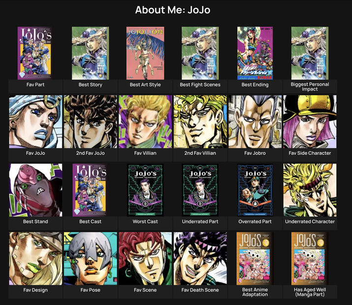 LoJo's B ADVINURE BALL Fav Part Best Story About Me: JoJo JOJO'S BIZARRE ADVENTURE PART JOJOLION IVREA HIROHIKO ARAKI JUMP COMICS Best Art Style Best Fight Scenes Best Ending Biggest Personal Impact Fav JoJo 2nd Fav JoJo Fav Villian 2nd Fav Villian Fav Jobro Fav Side Character JoJo's ADV URE JoJo's BIZARRE ADVENTURE ΟΙ JoJo's BIZARRE ADVENTURE JONATHAN JOESTAR PHANTOM BLOOD HIROHI JONATHAN DESTAR PHANTOM BLOOD JoJo's BIZAR ENTURE JOTARO KUO STARDUST CRUSADERS Best Stand Best Cast Worst Cast Underrated Part Overrated Part Underrated Character Fav Design Fav Pose Fav Scene Fav Death Scene JOJÓS BIZARRE ADVENTURE HIROHIKO JoJo's BIZARRE ADVENTURE HIROHIKO Golden Wind Best Anime Adaptation Golden Wind Has Aged Well (Manga Part)