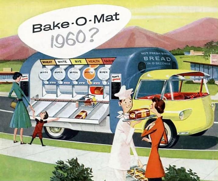 Bake-O-Mat 1960? WHEAT WHITE MIXER RYE HEALTH RAISI HOT FRESH BANS BREAD IN O SECONDS MIXER MOKER MIXER am R KXX m NOS