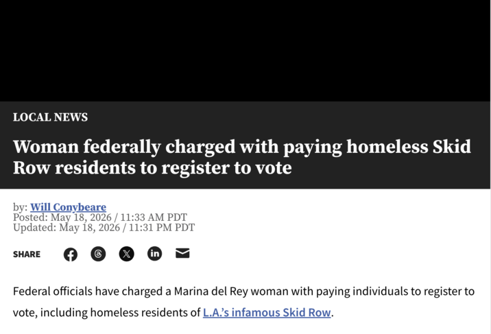 LOCAL NEWS Woman federally charged with paying homeless Skid Row residents to register to vote by: Will Conybeare Posted: May 18, 2026 / 11:33 AM PDT Updated: May 18, 2026 / 11:31 PM PDT SHARE © X in Federal officials have charged a Marina del Rey woman with paying individuals to register to vote, including homeless residents of L.A.'s infamous Skid Row.