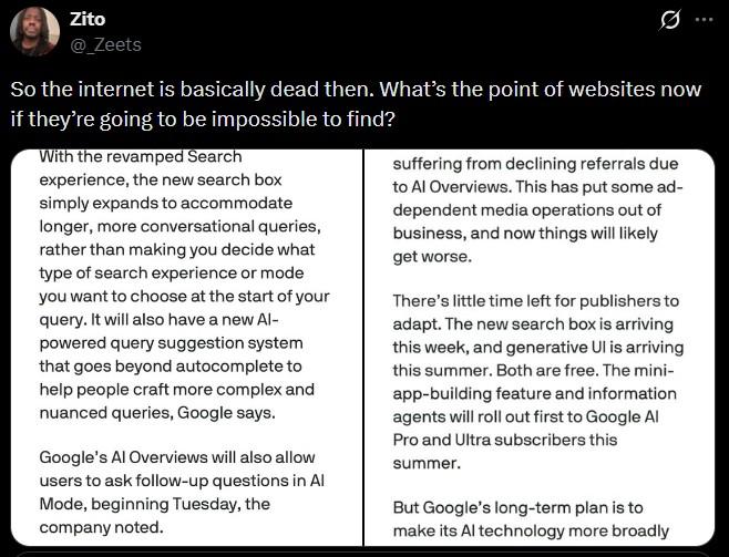 A tweet about Google making websites obsolete potentially by using ai.