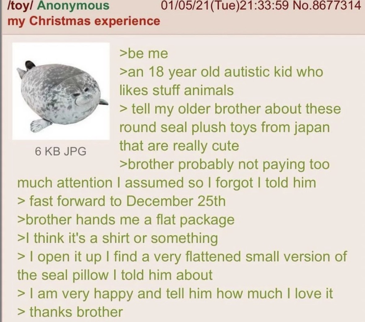 /toy/ Anonymous my Christmas experience 6 KB JPG 01/05/21(Tue)21:33:59 No.8677314 >be me >an 18 year old autistic kid who likes stuff animals > tell my older brother about these round seal plush toys from japan that are really cute >brother probably not paying too much attention I assumed so I forgot I told him > fast forward to December 25th >brother hands me a flat package >I think it's a shirt or something > I open it up I find a very flattened small version of the seal pillow I told him about > I am very happy and tell him how much I love it > thanks brother