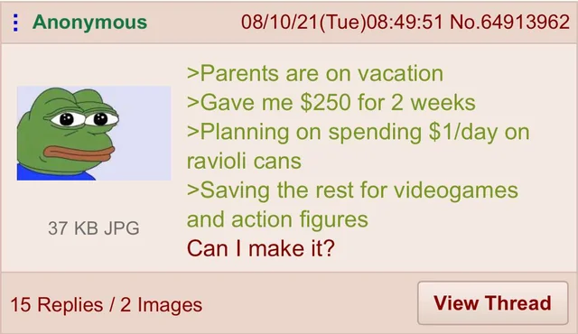 Anonymous 37 KB JPG 08/10/21(Tue)08:49:51 No.64913962 >Parents are on vacation >Gave me $250 for 2 weeks >Planning on spending $1/day on ravioli cans >Saving the rest for videogames and action figures Can I make it? 15 Replies/2 Images View Thread