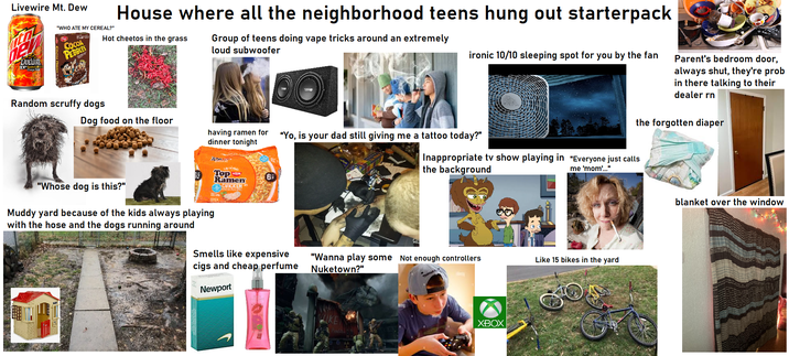 Livewire Mt. Dew Hot cheetos in the grass PEBBLES LIVELLIRE Group of teens doing vape tricks around an extremely loud subwoofer "WHO ATE MY CEREAL?" COCOA House where all the neighborhood teens hung out starterpack ironic 10/10 sleeping spot for you by the fan Random scruffy dogs Parent's bedroom door, always shut, they're prob in there talking to their dealer rn the forgotten diaper Dog food on the floor having ramen for dinner tonight "Yo, is your dad still giving me a tattoo today?" Inappropriate tv show playing in "Everyone just calls the background me 'mom'..." "Whose dog is this?" Muddy yard because of the kids always playing with the hose and the dogs running around Top NSM Ramen CHICKEN 6 Smells like expensive cigs and cheap perfume Newport "Wanna play some Nuketown?" Not enough controllers Like 15 bikes in the yard XBOX blanket over the window
