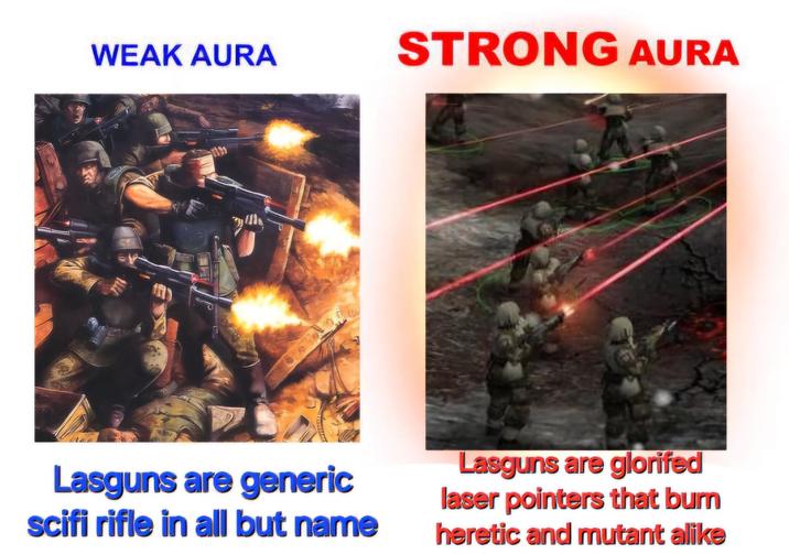 WEAK AURA STRONG AURA Lasguns are generic scifi rifle in all but name Lasguns are glorifed laser pointers that burn heretic and mutant alike