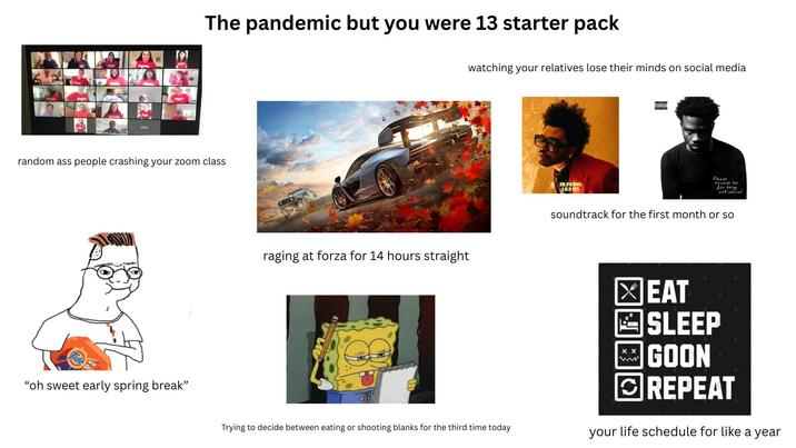 chris The pandemic but you were 13 starter pack watching your relatives lose their minds on social media random ass people crashing your zoom class "oh sweet early spring break" raging at forza for 14 hours straight Trying to decide between eating or shooting blanks for the third time today ADVISORY BLINDING LIGHTS Please excuse me for being antisocial soundtrack for the first month or so EAT SLEEP GOON REPEAT your life schedule for like a year