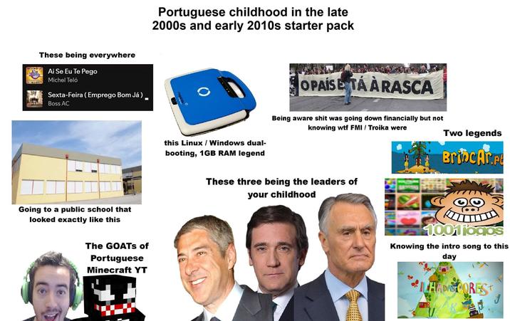 05203 These being everywhere Ai Se Eu Te Pego Michel Teló Sexta-Feira (Emprego Bom Já) Boss AC Going to a public school that looked exactly like this - The GOATS of Portuguese Minecraft YT Portuguese childhood in the late 2000s and early 2010s starter pack this Linux / Windows dual- booting, 1GB RAM legend OPAISE TAARASCA Being aware s--- was going down financially but not knowing w-- FMI / Troika were Two legends BrincAr.pt These three being the leaders of your childhood 1001iogos Knowing the intro song to this day ILHADASCORES V