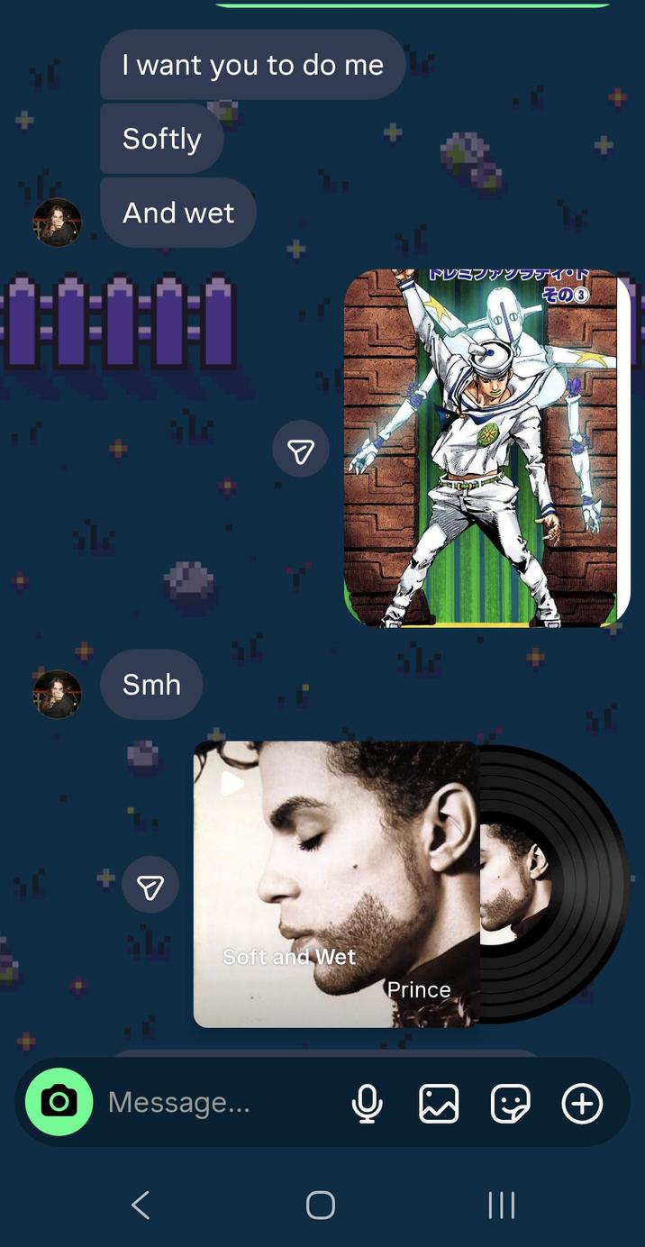 I want you to do me Softly And wet 0:0:0:0:0 Smh ☑ ale ☑ לבשר Soft and Wet Prince TOR その③ ○ Message... Г ||| +