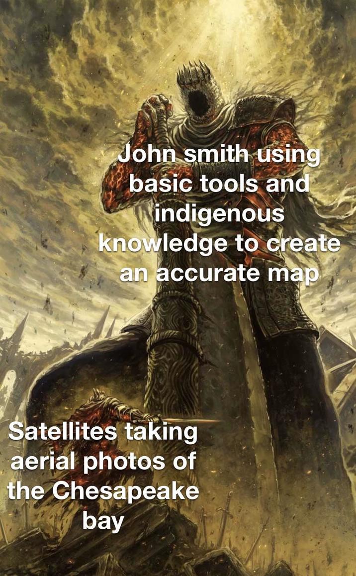 John smith using basic tools and Windigenous knowledge to create an accurate map Satellites taking aerial photos of the Chesapeake bay