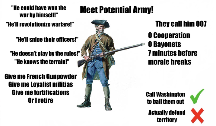 "He could have won the war by himself!" "He'll revolutionize warfare!" "He'll snipe their officers!" "He doesn't play by the rules!" "He knows the terrain!" Give me French Gunpowder Give me Loyalist militias Give me fortifications Or I retire Meet Potential Army! They call him 007 O Cooperation O Bayonets 7 minutes before morale breaks Call Washington to bail them out Actually defend territory