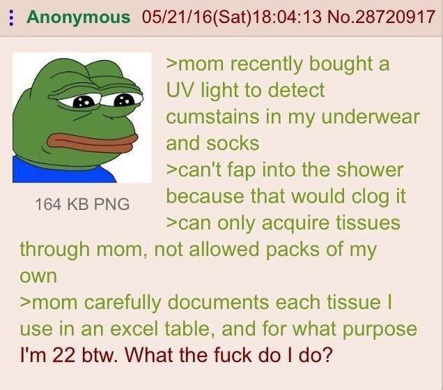 Anonymous 05/21/16(Sat) 18:04:13 No.28720917 164 KB PNG >mom recently bought a UV light to detect cumstains in my underwear and socks >can't fap into the shower because that would clog it >can only acquire tissues through mom, not allowed packs of my own >mom carefully documents each tissue I use in an excel table, and for what purpose I'm 22 btw. What the f--- do I do?