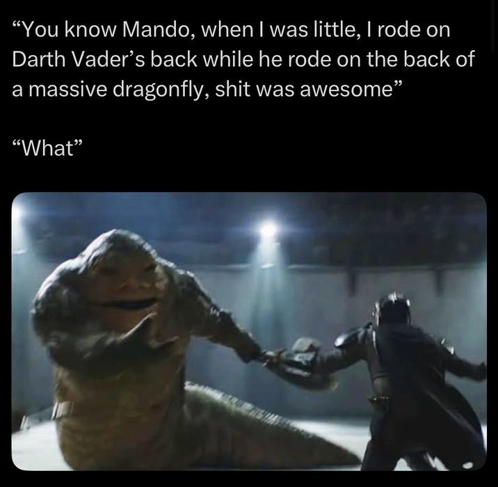 "You know Mando, when I was little, I rode on Darth Vader's back while he rode on the back of a massive dragonfly, s--- was awesome" "What"