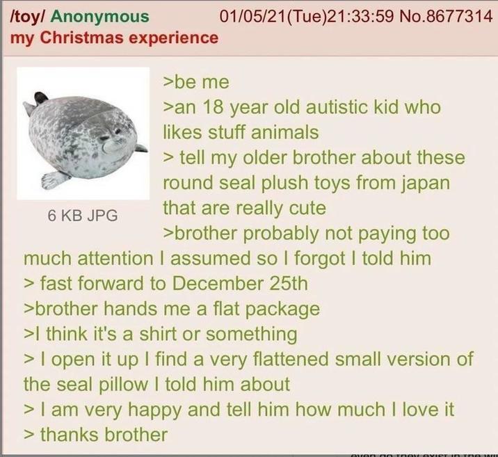 /toy/ Anonymous my Christmas experience 6 KB JPG 01/05/21(Tue)21:33:59 No.8677314 >be me >an 18 year old autistic kid who likes stuff animals > tell my older brother about these round seal plush toys from japan that are really cute >brother probably not paying too much attention I assumed so I forgot I told him > fast forward to December 25th >brother hands me a flat package >I think it's a shirt or something I open it up I find a very flattened small version of the seal pillow I told him about > I am very happy and tell him how much I love it > thanks brother Ayano ay BYIST IN ING