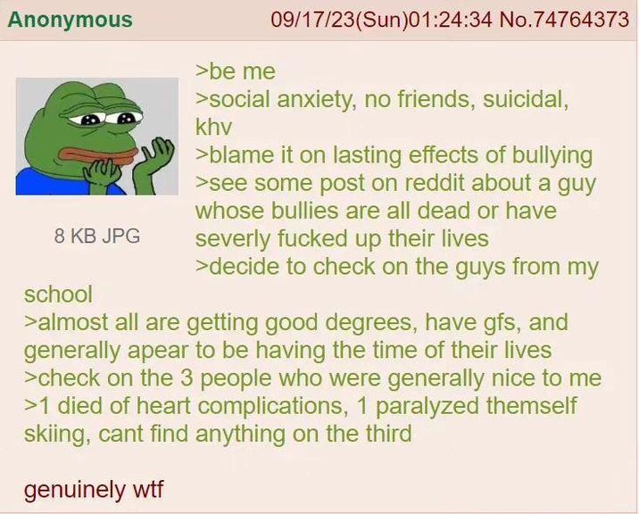 Anonymous 8 KB JPG school >be me 09/17/23(Sun)01:24:34 No.74764373 >social anxiety, no friends, suicidal, khv >blame it on lasting effects of bullying >see some post on reddit about a guy whose bullies are all dead or have severly f----- up their lives >decide to check on the guys from my >almost all are getting good degrees, have gfs, and generally apear to be having the time of their lives >check on the 3 people who were generally nice to me >1 died of heart complications, 1 paralyzed themself skiing, cant find anything on the third genuinely w--