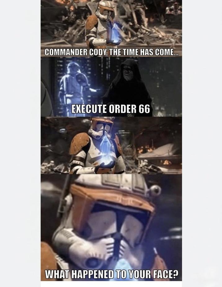 COMMANDER CODY, THE TIME HAS COME... EXECUTE ORDER 66 WHAT HAPPENED TO YOUR FACE?