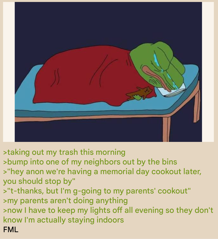 > taking out my trash this morning >bump into one of my neighbors out by the bins >"hey anon we're having a memorial day cookout later, you should stop by" >"t-thanks, but I'm g-going to my parents' cookout" >my parents aren't doing anything >now I have to keep my lights off all evening so they don't know I'm actually staying indoors FML