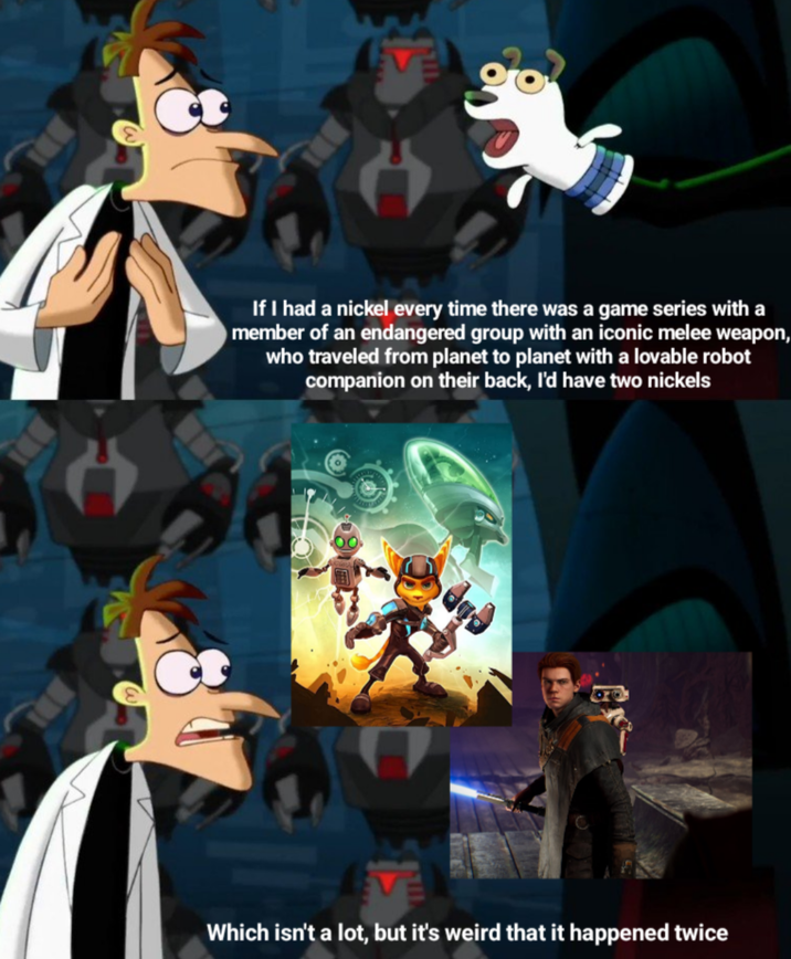 If I had a nickel every time there was a game series with a member of an endangered group with an iconic melee weapon, who traveled from planet to planet with a lovable robot companion on their back, I'd have two nickels Which isn't a lot, but it's weird that it happened twice