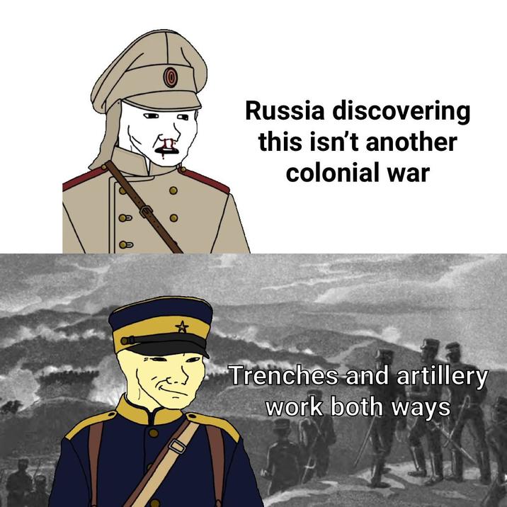 Russia discovering this isn't another colonial war Trenches and artillery work both ways