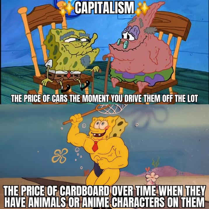 CAPITALISM THE PRICE OF CARS THE MOMENT YOU DRIVE THEM OFF THE LOT о THE PRICE OF CARDBOARD OVER TIME WHEN THEY HAVE ANIMALS OR ANIME CHARACTERS ON THEM