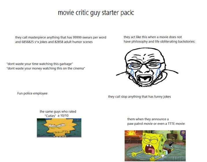 movie critic guy starter pack: they call masterpiece anything that has 99999 swears per word and 6856825 s*x jokes and 82858 adult humor scenes they act like this when a movie does not have philosophy and life obliterating backstories: "dont waste your time watching this garbage" "dont waste your money watching this on the cinema" Fun police employee the same guys who rated "Cuties" a 10/10 they call slop anything that has funny jokes them when they announce a paw patrol movie or even a TTTE movie: C