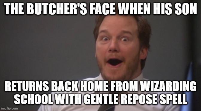 THE BUTCHER'S FACE WHEN HIS SON RETURNS BACK HOME FROM WIZARDING SCHOOL WITH GENTLE REPOSE SPELL imgflip.com