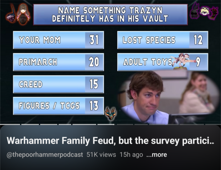 NAME SOMETHING TRAZYN DEFINITELY HAS IN HIS VAULT YOUR MOM 31 LOST SPECIES 12 PRIMARCH 20 ADULT TOYS 9 CREED 15 FIGURES / TCGS 13 Warhammer Family Feud, but the survey partici.. @thepoorhammerpodcast 51K views 15h ago ...more