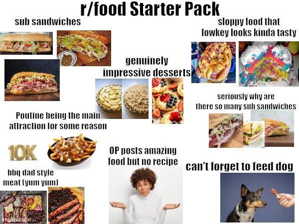 sub sandwiches r/food Starter Pack sloppy food that lowkey looks kinda tasty genuinely impressive desserts seriously why are there so many sub sandwiches Poutine being the main attraction for some reason 10K bbq dad style meat (yum yum) OP posts amazing food but no recipe can't forget to feed dog imgfupicomtu