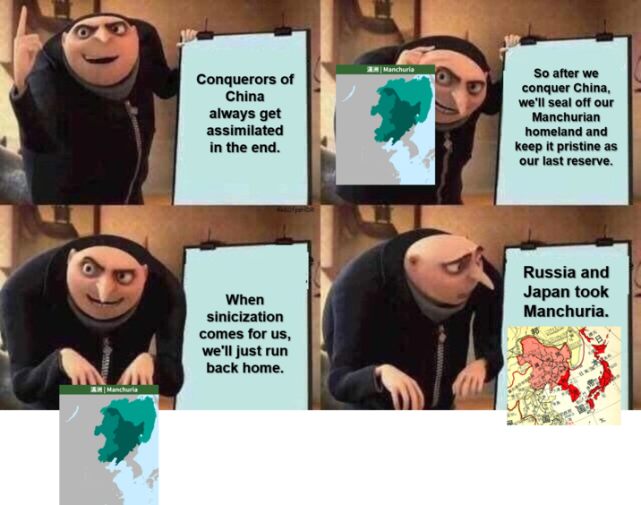Conquerors of China always get assimilated in the end. 4k60fpsHDR 滿洲 | Manchuria When sinicization comes for us, we'll just run back home. 滿洲 | Manchuria So after we conquer China, we'll seal off our Manchurian homeland and keep it pristine as our last reserve. Russia and Japan took Manchuria. ニコライエント