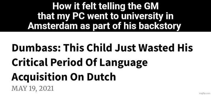 How it felt telling the GM that my PC went to university in Amsterdam as part of his backstory Dumbass: This Child Just Wasted His Critical Period Of Language Acquisition On Dutch MAY 19, 2021 imgflip.com