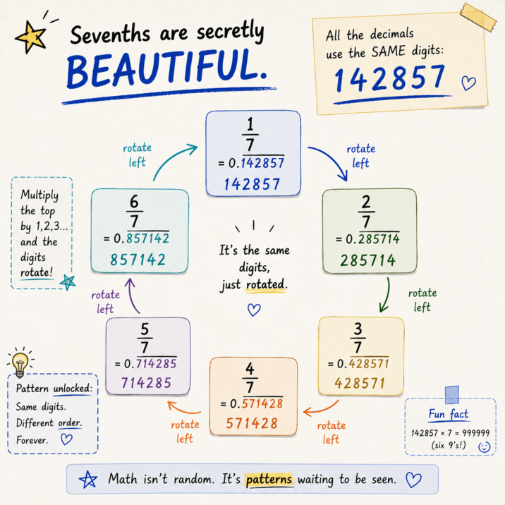 Sevenths are secretly BEAUTIFUL. 1 7 All the decimals use the SAME digits: 142857 ♡ rotate rotate left 6 7 = 0.857142 857142 Multiply the top by 1,2,3... and the digits rotate! rotate left 5 7 Pattern unlocked: ! Same digits. i Different order. Forever. = 0.714285 714285 rotate left = 0.142857 left 142857 / It's the same digits, just rotated. 2 7 = 0.285714 285714 rotate left 3 7 = 0.428571 4 7 = 0.571428 428571 Fun fact 142857 x 7999999 571428 rotate left Math isn't random. It's patterns waiting to be seen. (six 9's!)