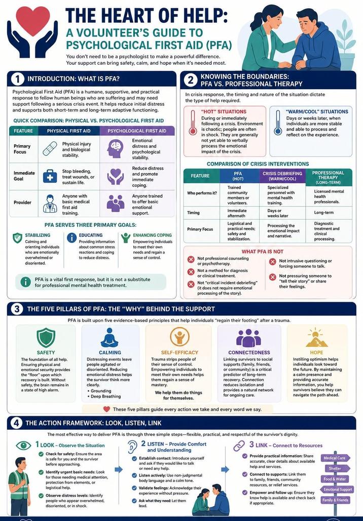 THE HEART OF HELP: A VOLUNTEER'S GUIDE TO PSYCHOLOGICAL FIRST AID (PFA) You don't need to be a psychologist to make a powerful difference. Your support can bring safety, calm, and hope when it's needed most. INTRODUCTION: WHAT IS PFA? Psychological First Aid (PFA) is a humane, supportive, and practical response to fellow human beings who are suffering and may need support following a serious crisis event. It helps reduce initial distress and supports both short-term and long-term adaptive functioning. QUICK COMPARISON: PHYSICAL VS. PSYCHOLOGICAL FIRST AID FEATURE Primary Focus Immediate Goal Provider PHYSICAL FIRST AID + Physical injury and biological stability. Stop bleeding, treat wounds, or sustain life. Anyone with basic medical first aid training. PSYCHOLOGICAL FIRST AID Emotional distress and psychological stability. Reduce distress and promote immediate coping. Anyone trained to offer basic emotional support. PFA SERVES THREE PRIMARY GOALS: STABILIZING Calming and orienting individuals who are emotionally overwhelmed or disoriented. EDUCATING Providing information. about common stress reactions and coping to reduce distress. 2 KNOWING THE BOUNDARIES: PFA VS. PROFESSIONAL THERAPY In crisis response, the timing and nature of the situation dictate the type of help required.. "HOT" SITUATIONS During or immediately following a crisis. Environment is chaotic; people are often in shock. They are generally not yet able to verbally process the emotional impact of the crisis. "WARM/COOL" SITUATIONS Days or weeks later, when individuals are more stable and able to process and reflect on the experience. COMPARISON OF CRISIS INTERVENTIONS FEATURE Who performs it? Timing PFA (HOT) Trained community members or volunteers. Immediate aftermath Logistical and Primary Focus ENHANCING COPING Empowering individuals to meet their own practical needs; safety and stabilization. CRISIS DEBRIEFING (WARM/COOL) Specialized personnel with mental health. training. Days or weeks later. Processing the emotional impact and narrative. PROFESSIONAL THERAPY (LONG-TERM) Licensed mental health professionals. Long-term Diagnostic treatment and clinical processing. needs and regain a sense of control. PFA is a vital first response, but it is not a substitute for professional mental health treatment. WHAT PFA IS NOT Not professional counseling or psychotherapy. Not a method for diagnosis or clinical treatment. Not "critical incident debriefing" (it does not require emotional processing of the story). 3 THE FIVE PILLARS OF PFA: THE "WHY" BEHIND THE SUPPORT Not intrusive questioning or forcing someone to talk. Not pressuring someone to "tell their story" or share their feelings. PFA is built upon five evidence-based principles that help individuals "regain their footing" after a trauma. SAFETY The foundation of all help. Ensuring physical and emotional security provides: the "floor" upon which recovery is built. Without safety, the brain remains in a state of high alarm. CALMING Distressing events leave people agitated or disoriented. Reducing emotional distress helps the survivor think more clearly. • Grounding Deep Breathing SELF-EFFICACY Trauma strips people of their sense of control. Empowering individuals to meet their own needs helps them regain a sense of mastery. We help them do things for themselves. CONNECTEDNESS Linking survivors to social supports (family, friends, or community) is a critical predictor of long-term recovery. Connection reduces isolation and provides a natural network for ongoing care. These five pillars guide every action we take and every word we say. 4 THE ACTION FRAMEWORK: LOOK, LISTEN, LINK HOPE Instilling optimism helps individuals look toward the future. By maintaining a calm presence and providing accurate information, you help survivors believe they can navigate the path ahead. The most effective way to deliver PFA is through three simple steps-flexible, practical, and respectful of the survivor's dignity. 1 LOOK-Observe the Situation Check for safety: Ensure the area is safe for you and the survivor. before approaching. Identify urgent basic needs: Look for those needing medical attention, protection from elements, or logistical help. Observe distress levels: Identify people who appear overwhelmed, disoriented, or in shock. 2 LISTEN Provide Comfort and Understanding Establish contact: Introduce yourself and ask if they would like to talk or need any help. Listen actively: Use non-judgmental body language and a calm tone. Validate feelings: Acknowledge their experience without pressure.. Ask what they need: Let them lead. 3 LINK - Connect to Resources Provide practical information: Share accurate, clear details about available help and services. Connect to supports: Link them to family, friends, community resources, or relief services. Empower and follow up: Ensure they know help is available and check back if appropriate. Medical Care Shelter Food & Water Emotional Support Family & Friends