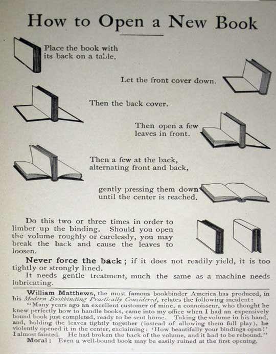 How to Open a New Book Place the book with its back on a table. Let the front cover down. Then the back cover. Then open a few leaves in front. Then a few at the back, alternating front and back, gently pressing them down" until the center is reached. Do this two or three times in order to limber up the binding. Should you open the volume roughly or carelessly, you may break the back and cause the leaves to loosen. Never force the back; if it does not readily yield, it is too tightly or strongly lined. It needs gentle treatment, much the same as a machine needs lubricating. William Matthews, the most famous bookbinder America has produced, in his Modern Bookbinding Practically Considered, relates the following incident: "Many years ago an excellent customer of mine, a connoisseur, who thought he knew perfectly how to handle books, came into my office when I had an expensively bound book just completed, ready to be sent home. Taking the volume in his hand, and, holding the leaves tightly together (instead of allowing them full play), he violently opened it in the center, exclaiming: How beautifully your bindings open!' I almost fainted. He had broken the back of the volume, and it had to be rebound." Moral: Even a well-bound book may be easily ruined at the first opening.