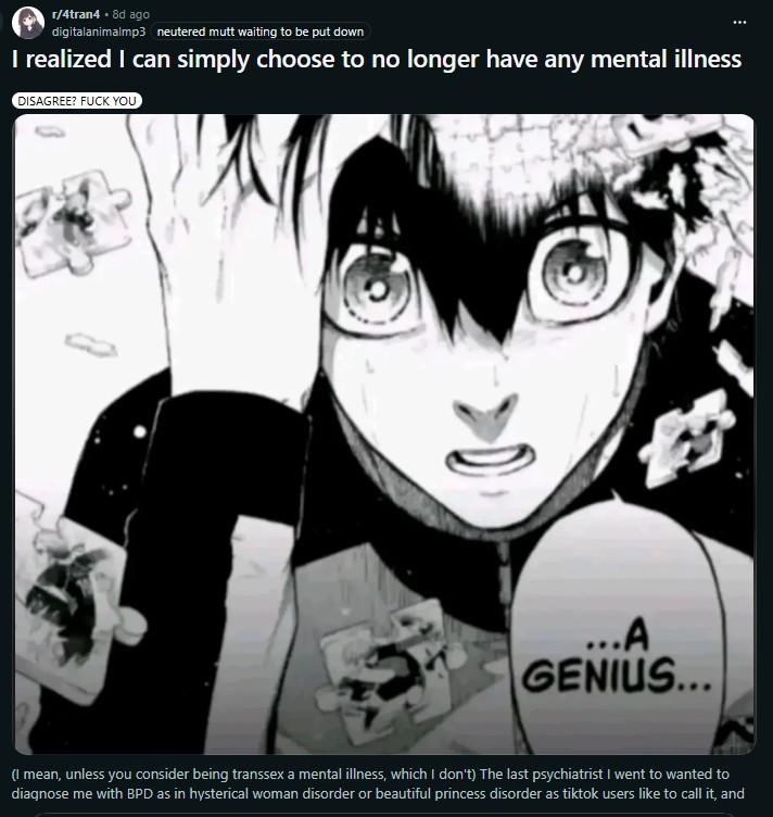r/4tran4 • 8d ago digitalanimalmp3 neutered mutt waiting to be put down I realized I can simply choose to no longer have any mental illness DISAGREE? F--- YOU ...A GENIUS... (I mean, unless you consider being transsex a mental illness, which I don't) The last psychiatrist I went to wanted to diagnose me with BPD as in hysterical woman disorder or beautiful princess disorder as tiktok users like to call it, and