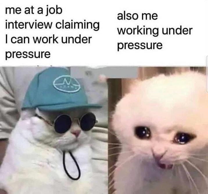 also me me at a job interview claiming working under I can work under pressure pressure