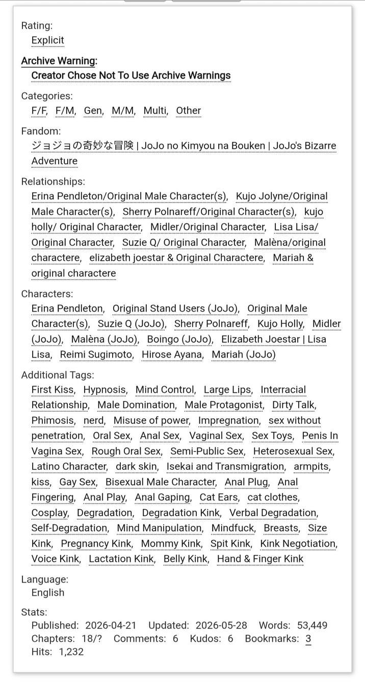Rating: Explicit Archive Warning: Creator Chose Not To Use Archive Warnings Categories: F/F, F/M, Gen, M/M, Multi, Other Fandom: ....... ジョジョの奇妙な冒険 | JoJo no Kimyou na Bouken | JoJo's Bizarre Adventure Relationships: Erina Pendleton/Original Male Character(s), Kujo Jolyne/Original Male Character(s), Sherry Polnareff/Original Character(s), kujo holly/ Original Character, Midler/Original Character, Lisa Lisa/ Original Character, Suzie Q/ Original Character, Malèna/original charactere, elizabeth joestar & Original Charactere, Mariah & original charactere Characters: Erina Pendleton, Original Stand Users (JoJo), Original Male Character(s), Suzie Q (JoJo), Sherry Polnareff, Kujo Holly, Midler (JoJo), Malèna (JoJo), Boingo (JoJo), Elizabeth Joestar | Lisa Lisa, Reimi Sugimoto, Hirose Ayana, Mariah (JoJo) Additional Tags: First Kiss, Hypnosis, Mind Control, Large Lips, Interracial Relationship, Male Domination, Male Protagonist, Dirty Talk, Phimosis, nerd, Misuse of power, Impregnation, sex without penetration, Oral Sex, A--- Sex, Vaginal Sex, Sex Toys, Penis In Vagina Sex, Rough Oral Sex, Semi-Public Sex, Heterosexual Sex, Latino Character, dark skin, Isekai and Transmigration, armpits, kiss, Gay Sex, Bisexual Male Character, A--- Plug, A--- Fingering, A--- Play, A--- Gaping, Cat Ears, cat clothes, Cosplay, Degradation, Degradation Kink, Verbal Degradation, Self-Degradation, Mind Manipulation, Mindfuck, Breasts, Size Kink, Pregnancy Kink, Mommy Kink, Spit Kink, Kink Negotiation, Voice Kink, Lactation Kink, Belly Kink, Hand & Finger Kink Language: English Stats: Published: 2026-04-21 Updated: 2026-05-28 Words: 53,449 Comments: 6 Kudos: 6 Bookmarks: Chapters: 18/? Hits: 1,232