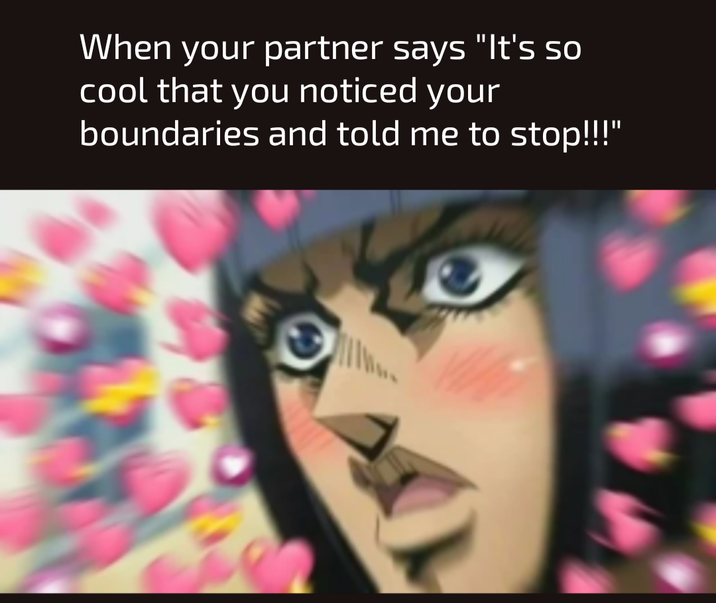 When your partner says "It's so cool that you noticed your boundaries and told me to stop!!!"