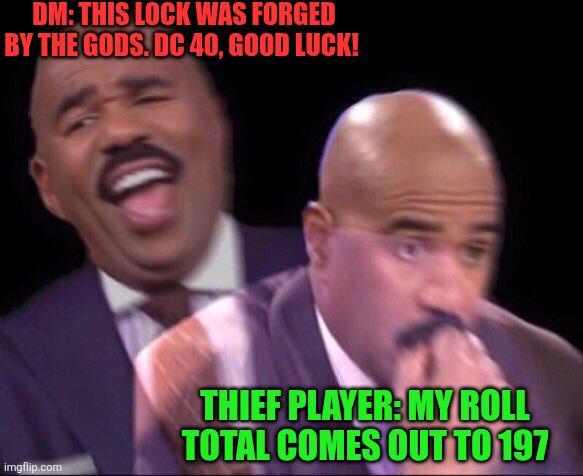 DM: THIS LOCK WAS FORGED BY THE GODS. DC 40, GOOD LUCK! imgflip.com THIEF PLAYER: MY ROLL TOTAL COMES OUT TO 197
