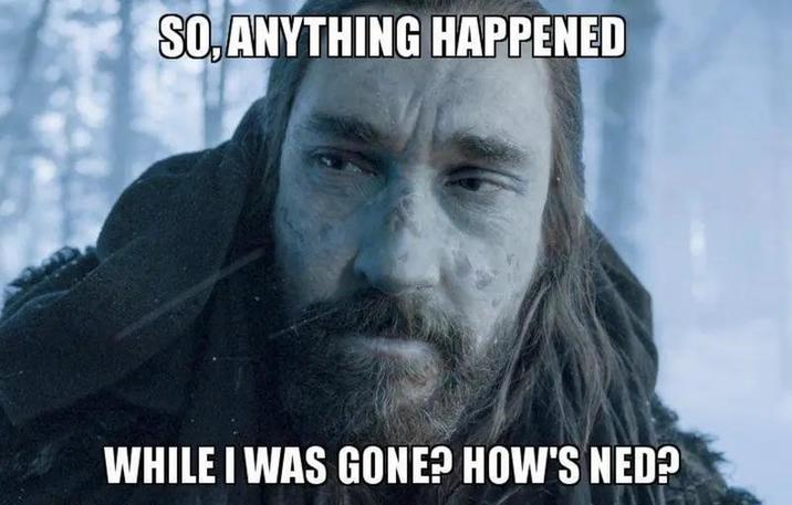 SO. ANYTHING HAPPENED WHILE I WAS GONE? HOW'S NED?