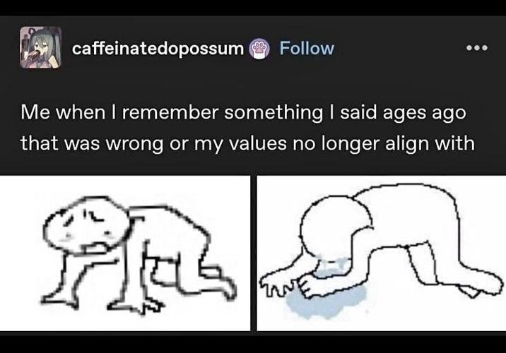 caffeinatedopossum Follow Me when I remember something I said ages ago that was wrong or my values no longer align with A