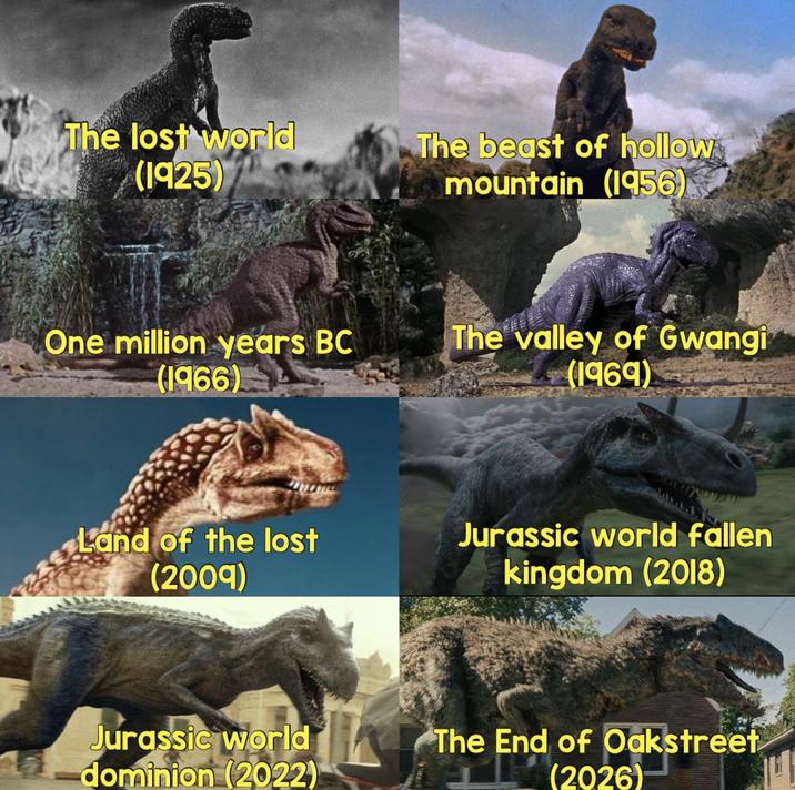 The lost world (1925) The beast of hollow mountain (1956) One million years BC (1966) The valley of Gwangi (1969) Land of the lost (2009) Jurassic world dominion (2022) Jurassic world fallen kingdom (2018) The End of Oakstreet (2026)