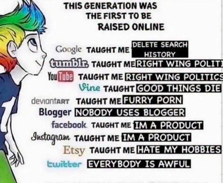 THIS GENERATION WAS THE FIRST TO BE RAISED ONLINE DELETE SEARCH Google TAUGHT ME HISTORY tumblr, TAUGHT ME RIGHT WING POLITI You Tube TAUGHT ME RIGHT WING POLITICS Vine TAUGHT GOOD THINGS DIE deviantART TAUGHT ME FURRY P--- Blogger NOBODY USES BLOGGER facebook TAUGHT ME IM A PRODUCT Instagram TAUGHT ME IM A PRODUCT Etsy TAUGHT ME HATE MY HOBBIES twitter EVERYBODY IS AWFUL