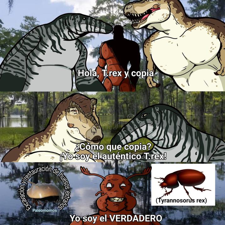 restauración Excavación 5 & E Hola, T.rex y copia ¿Cómo que copia? Yo soy el auténtico T.rex! de huesos Paleomomos extraños (Tyrannosorus rex) Yo soy el VERDADERO