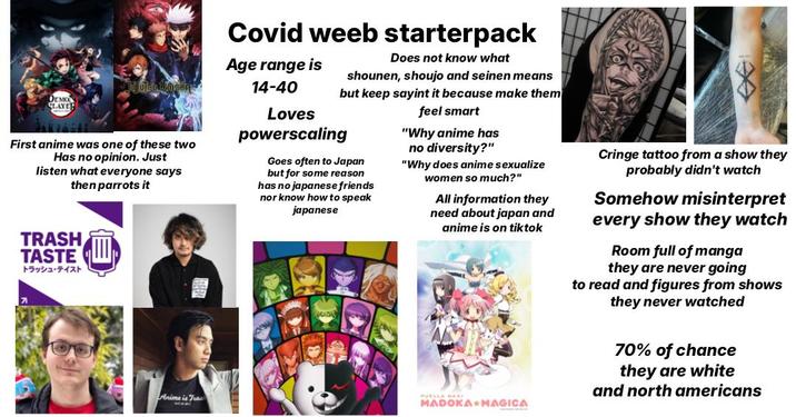 DEMO SLAYER LuLukosen First anime was one of these two Has no opinion. Just listen what everyone says then parrots it TRASH TASTE トラッシュ・テイスト Covid weeb starterpack Age range is 14-40 Does not know what shounen, shoujo and seinen means but keep sayint it because make them Loves powerscaling Goes often to Japan but for some reason has no japanese friends nor know how to speak japanese feel smart "Why anime has no diversity?" "Why does anime sexualize women so much?" All information they need about japan and anime is on tiktok Cringe tattoo from a show they probably didn't watch Somehow misinterpret every show they watch Room full of manga they are never going to read and figures from shows they never watched 70% of chance they are white and north americans Anime is Tras PUELLA HASI MADOKA MAGICA