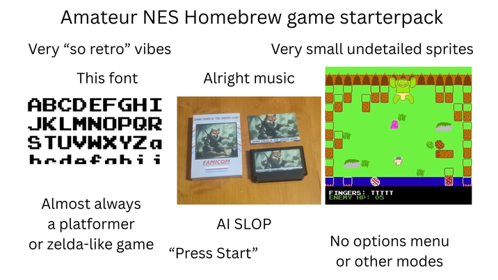 Amateur NES Homebrew game starterpack Very "so retro" vibes This font Very small undetailed sprites Alright music ABCDEFGHI JKLMNOPQR STUVWXYZa bedofobii SHRA SALTO & THE SHIKYO CLAN FAMICOM SHIBA SAIZO & THE SHUKYO CLAN FINGERS: TTTTT ENEMY HP: 05 W Almost always a platformer or zelda-like game AI SLOP "Press Start" No options menu or other modes