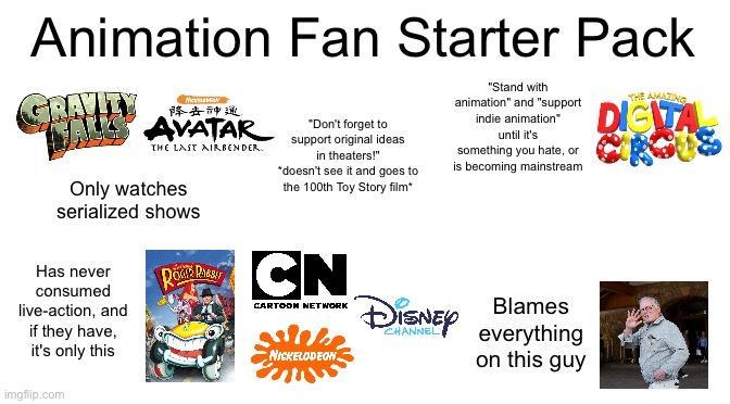 Animation Fan Starter Pack GRAIN AVATAR THE LAST AIRBENDER. Only watches serialized shows Has never consumed live-action, and if they have, it's only this imgflip.com ROCK RASIT "Don't forget to support original ideas in theaters!" *doesn't see it and goes to the 100th Toy Story film* CN CARTOON NETWORK NICKELODEON CHANNEL "Stand with animation" and "support indie animation" until it's something you hate, or is becoming mainstream Blames everything on this guy THE AMAZING DIGITA