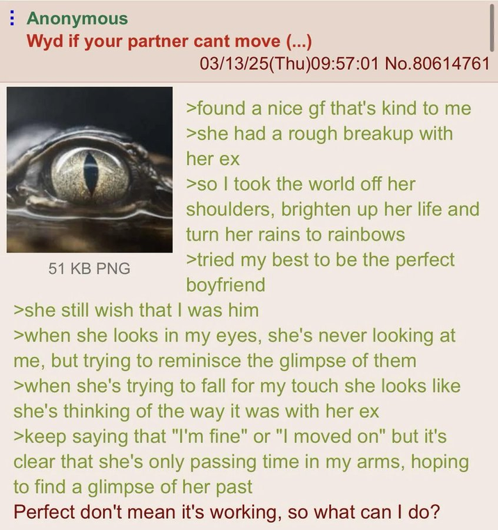 Anonymous Wyd if your partner cant move (...) 51 KB PNG 03/13/25(Thu)09:57:01 No.80614761 >found a nice gf that's kind to me >she had a rough breakup with her ex >so I took the world off her shoulders, brighten up her life and turn her rains to rainbows >tried my best to be the perfect boyfriend >she still wish that I was him >when she looks in my eyes, she's never looking at me, but trying to reminisce the glimpse of them >when she's trying to fall for my touch she looks like she's thinking of the way it was with her ex >keep saying that "I'm fine" or "I moved on" but it's clear that she's only passing time in my arms, hoping to find a glimpse of her past Perfect don't mean it's working, so what can I do?