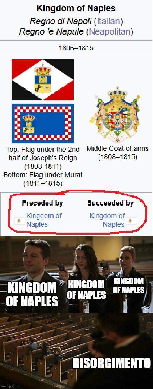 Kingdom of Naples Regno di Napoli (Italian) Regno 'e Napule (Neapolitan) 1806-1815 Top: Flag under the 2nd half of Joseph's Reign Middle Coat of arms (1808-1815) (1808-1811) Bottom: Flag under Murat (1811-1815) Preceded by Succeeded by Kingdom of Kingdom of Naples Naples KINGDOM OF NAPLES KINGDOM OF NAPLES KINGDOM OF NAPLES imgflip.com RISORGIMENTO