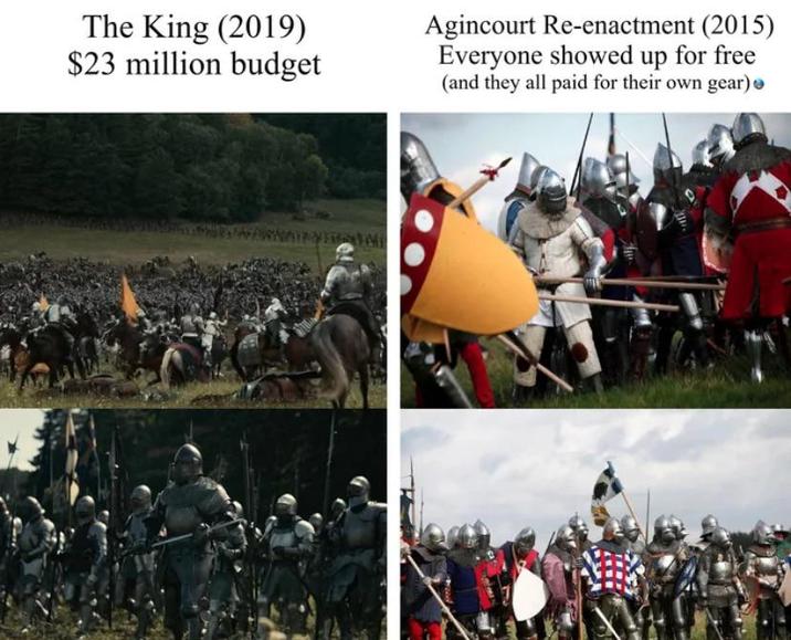 The King (2019) $23 million budget Agincourt Re-enactment (2015) Everyone showed up for free (and they all paid for their own gear)