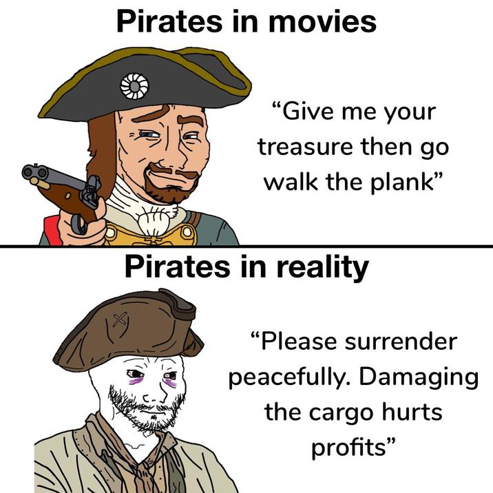 Pirates in movies "Give me your treasure then go walk the plank" Pirates in reality "Please surrender peacefully. Damaging the cargo hurts profits"