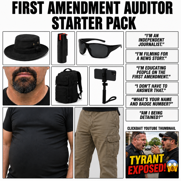 FIRST AMENDMENT AUDITOR STARTER PACK "I'M AN INDEPENDENT JOURNALIST." "I'M FILMING FOR A NEWS STORY." "I'M EDUCATING PEOPLE ON THE FIRST AMENDMENT." "I DON'T HAVE TO ANSWER THAT." "WHAT'S YOUR NAME AND BADGE NUMBER?" "AM I BEING DETAINED?" CLICKBAIT YOUTUBE THUMBNAIL TYRANT EXPOSED!