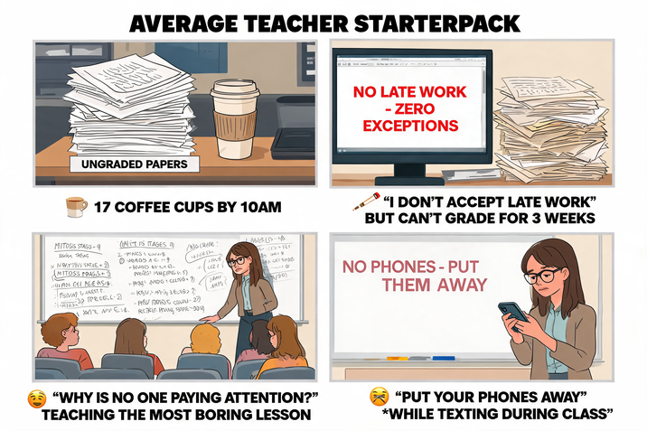 AVERAGE TEACHER STARTERPACK UNGRADED PAPERS 17 COFFEE CUPS BY 10AM AO (REFE 4-08D- + MINES (1-4B 123+10 S + 4120 2611 प्रसाद MITOSIS STAGS+9 TONK TREAS 3 NATTIVISADES + 2) ON IS ITAGES Z-HARCS WI ①HEMOS A CHI MITOSIS PRAGIS+ I SALASI GEL NUEKSIS. FSWM LETT. -PLEASE PROESL-2) 1 ME NOTE:6. RIOD S PROIES) SHEPE 1. • Higs NIDO + CLUB = 9) KBUES? ? ۱۰ •ARY IODINE CONIU-27) REFLE HAVING 310 G NO LATE WORK - - ZERO EXCEPTIONS "I DON'T ACCEPT LATE WORK" BUT CAN'T GRADE FOR 3 WEEKS 3 & AT SPSS 190) NO PHONES - PUT THEM AWAY "WHY IS NO ONE PAYING ATTENTION?" TEACHING THE MOST BORING LESSON "PUT YOUR PHONES AWAY" *WHILE TEXTING DURING CLASS"